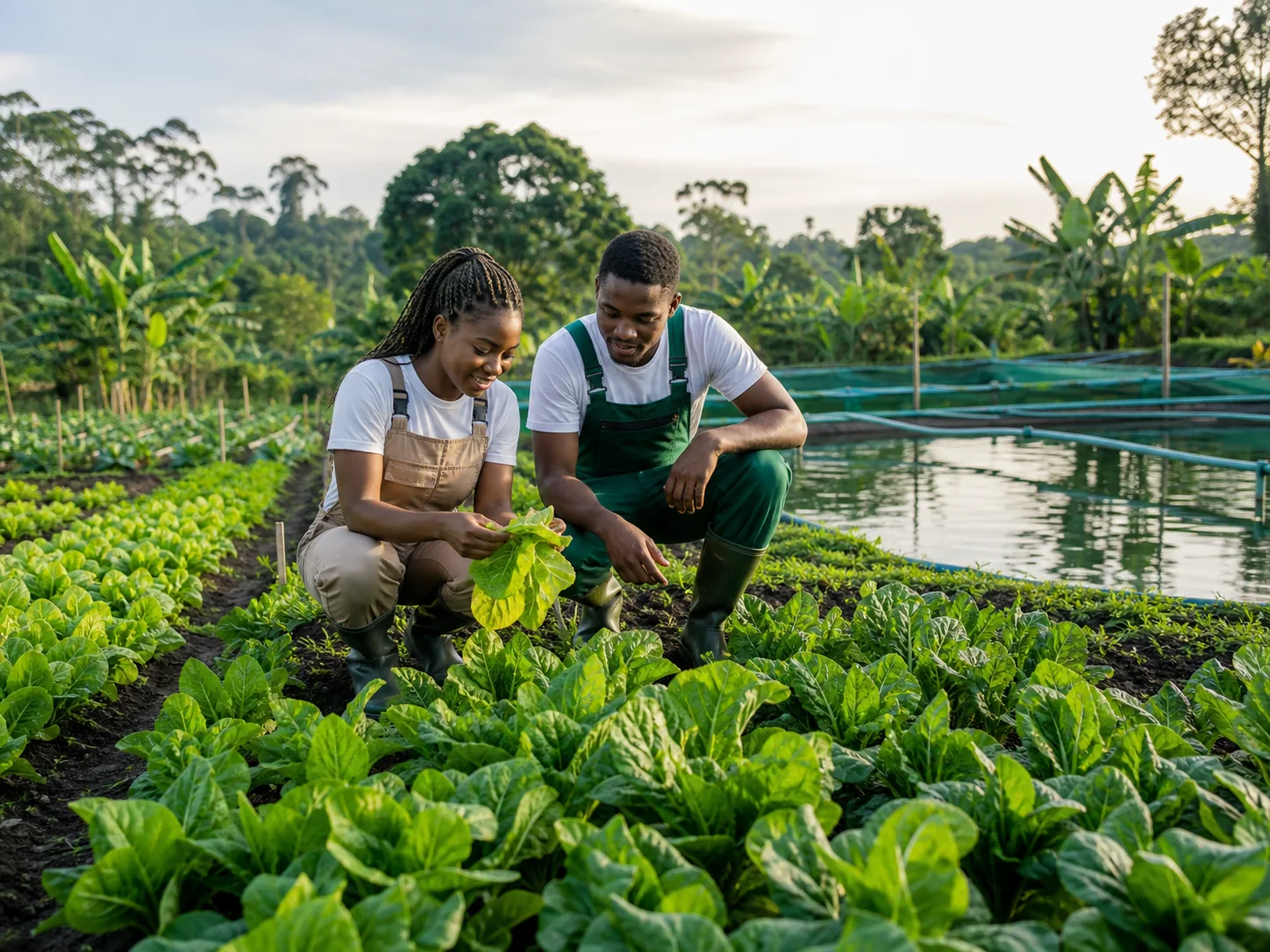 Deux jeunes professionnels travaillant dans un potager près de bassins piscicoles
